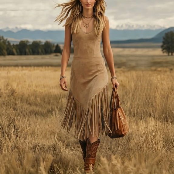 Morttic Women's Vintage Western Cowboy Style Slim Fit Solid Color Dress – Sleeveless Vest Long Dress with Fringe Hem Brown,S