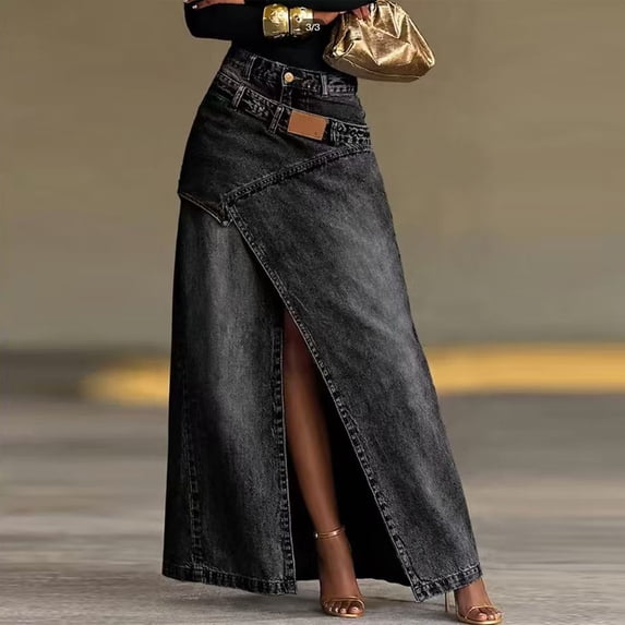 Morttic Women's Wash Denim Long Maxi Skirt – High Waist Relaxed High Slit Classic Back Pocket Western Streetwear A-Line Skirt Black,XL