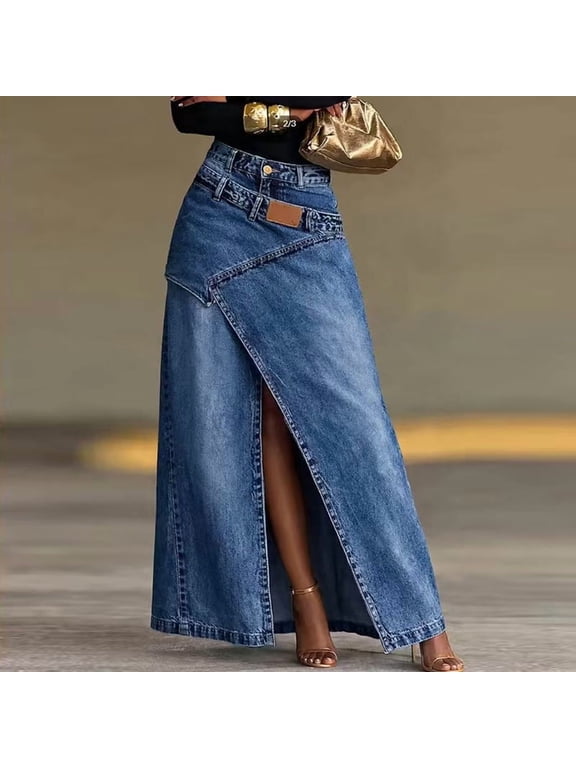 Women's Wash Denim Long Maxi Skirt – High Waist Relaxed High Slit Classic Back Pocket Western Streetwear A-Line Skirt Dark Blue,L