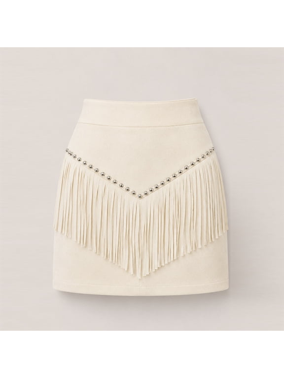Women's Western Cowgirl Fringe Skirt – Studded High Waist Faux Suede A-Line Mini Skirt, Boho Rodeo Party Outfit Apricot,M