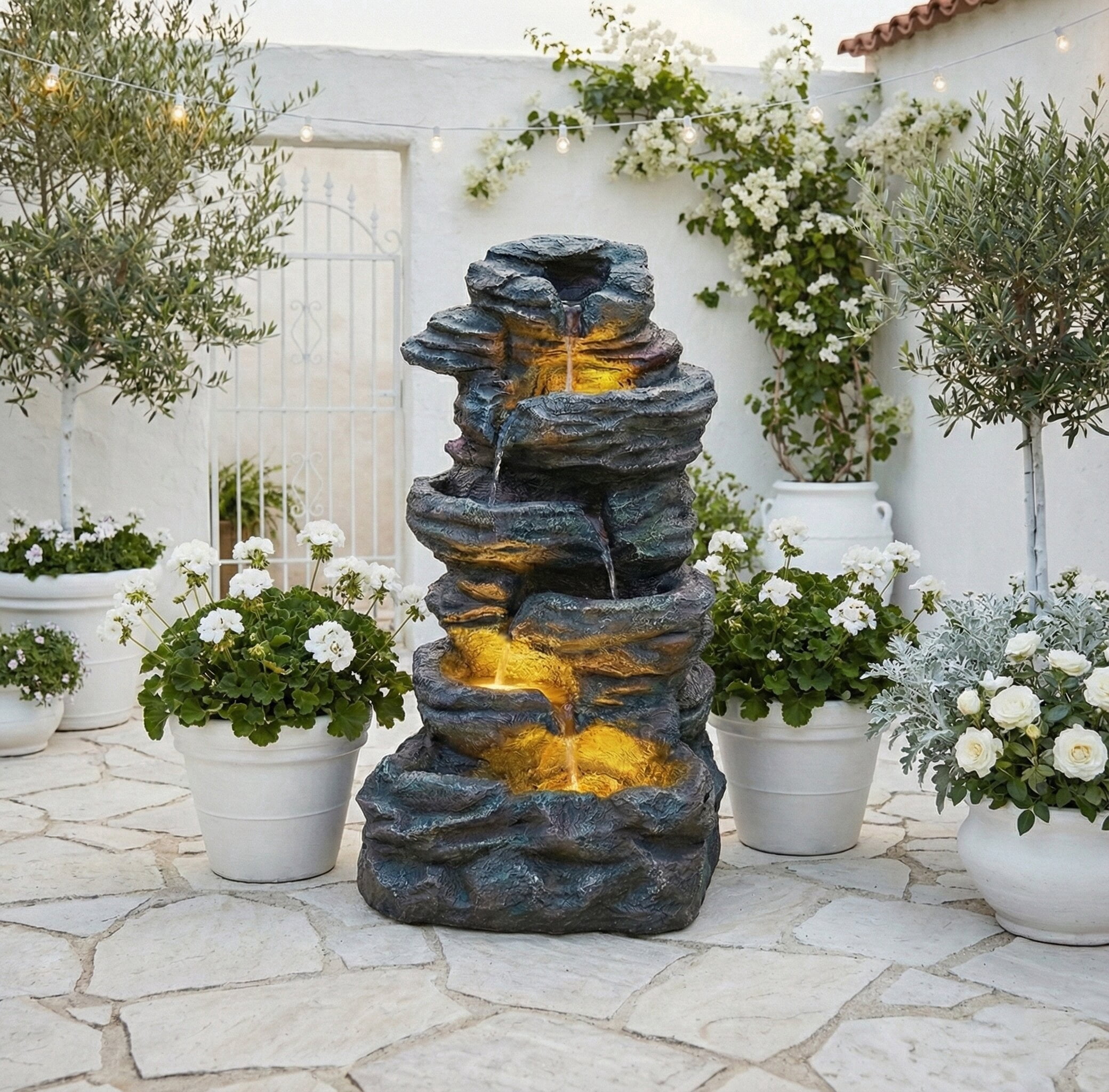 Morufur 35“ Outdoor Water Fountains with Cascading Stacked Stones, 6-Tiers Fountains with LED Lights, Freestanding Resin Water Feature for Garden Patio Backyard, Gray