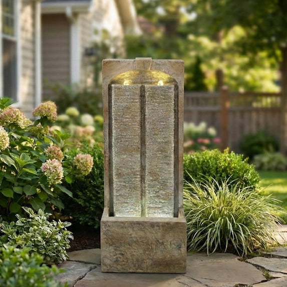 Morufur 39“ Outdoor Water Fountain with Pump, Modern Cascading Freestanding Wall Fountain with Warm LED Lights for Patio Porch Law, Brown