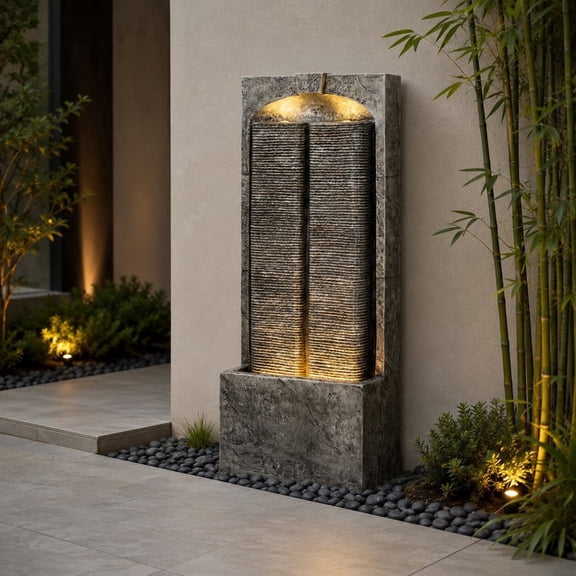 Morufur 39“ Outdoor Water Fountain with Pump, Modern Cascading Freestanding Wall Fountain with Warm LED Lights for Patio Porch Law, Gray