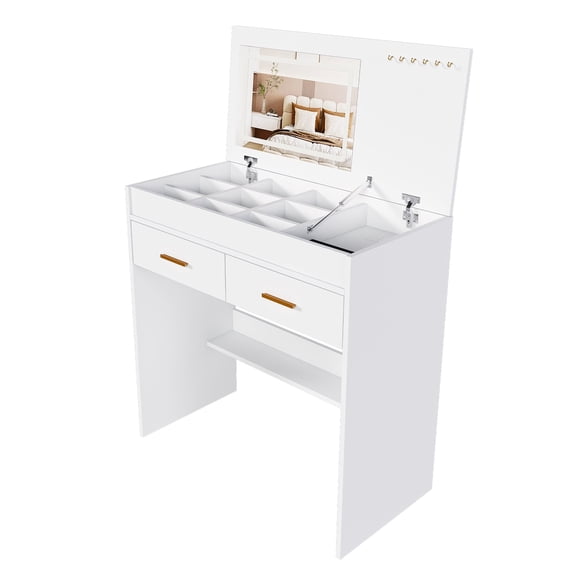 Morufur Flip Top Dressing Table with Jewelry Hooks, White Vanity Table with Lighted Mirror and Makeup Drawer, Modern Makeup Table with Power Outlet and Hair Dryer Holder for Bedroom