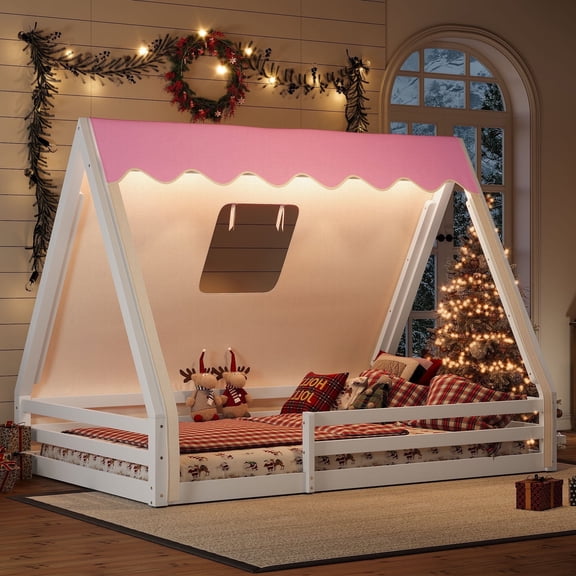 Morufur Full Size House Floor Bed with Tent and Light, Solid Wood Teepee Floor Bed with Full-length Guardrails, Montessori and Childlike Design (White-Pink)