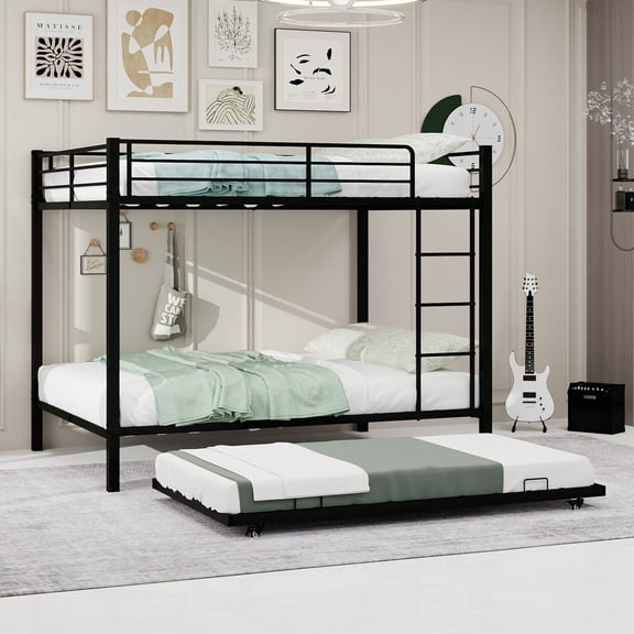 Morufur Full over Full Bunk Bed with Twin Size Trundle, Metal Bed Frame with Guardrails and Ladder, Noise-Free, No Box Spring Needed, Black