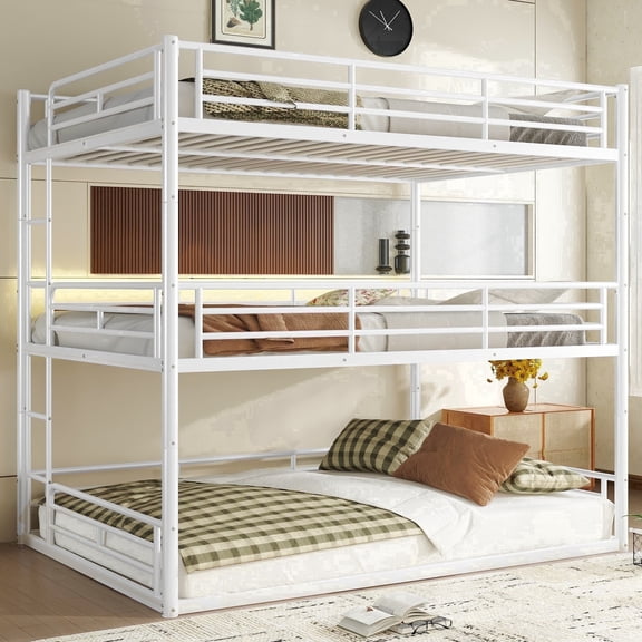 Morufur Queen over Queen over Queen Triple Bunk Bed with Built-in Ladder and Safety Guardrail for Bedroom, White