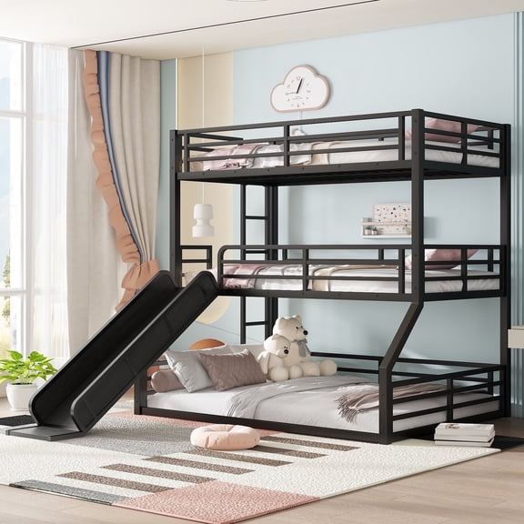 Morufur Heavy Duty Triple Bunk Bed with Slide, Twin Over Twin Over Full Metal Three Bunk Bed with Ladder and Guardrail, No Box Spring Needed, Easy Assembly, Black