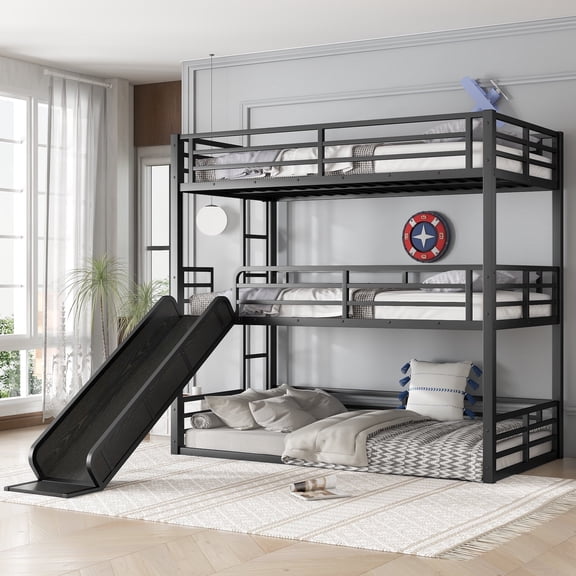 Morufur Heavy Duty Triple Bunk Bed with Slide, Twin XL Over Twin XL Over Twin XL Metal Three Bunk Bed with Ladder and Guardrail, No Box Spring Needed, Easy Assembly, Black