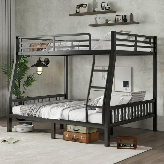 Morufur Metal Bunk Bed Full XL Over Queen Size with Ladder & Guardrail, Metal Bed Frame for Teens Adults, Heavy Duty Sturdy Bunk Beds, Black