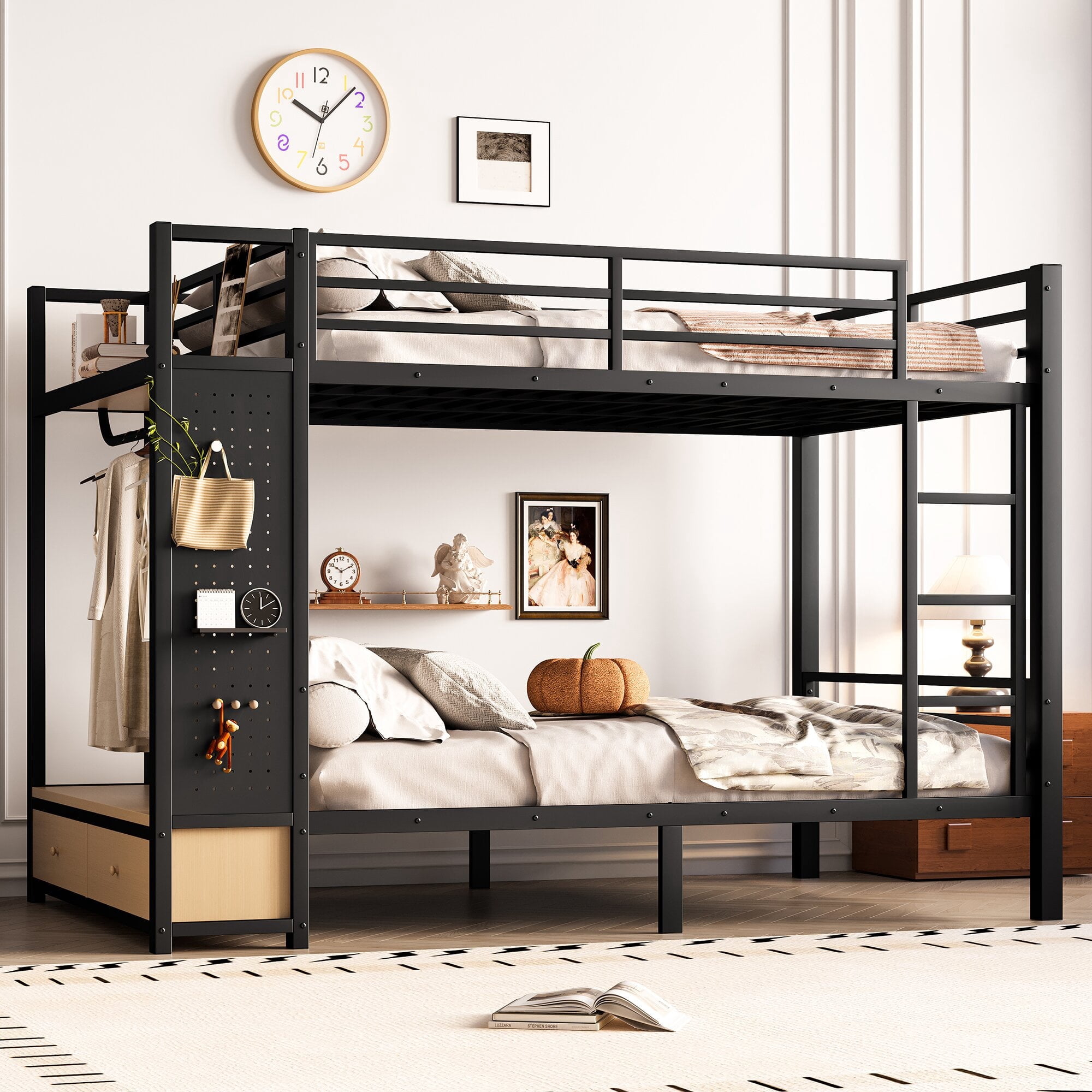 Morufur Metal Bunk Bed Full over Full Size with Ladder & Guardrail