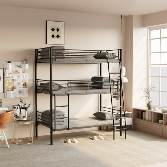 Morufur Metal Triple Bunk Beds, Twin Size Bunk Beds for 3, Modern Style Heavy-Duty Steel Frame Bunk Bed with Safety Rail, Built-in Ladder for Bedroom, Dorm, Teens, Black