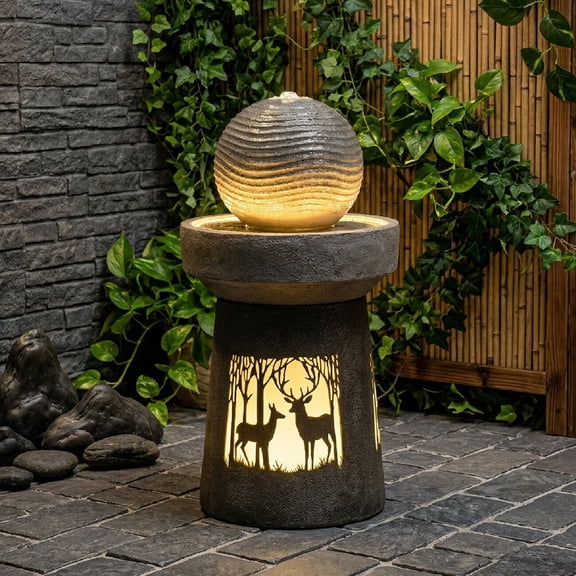 Morufur Outdoor Sphere Water Fountain with LED Light, Spherical Imitation Stone Pattern Water Fountain Landscape, Deer Silhouette Decorative Light for Patio Yard Lawn