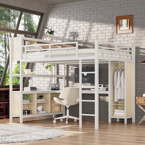 Morufur Queen Loft Bed with Storage Shelves, Cubes, Wardrobe and L-Shaped Desk for Teens Adults, White Wood-Grain