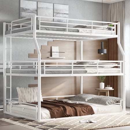 Morufur Triple Bunk Bed, Full XL Over Queen Over Queen Metal Bunk Bed Frame with Guardrails & Ladders, Heavy-Duty 3-Tier Bunk Beds for Teens Adults, No Box Spring Needed, White