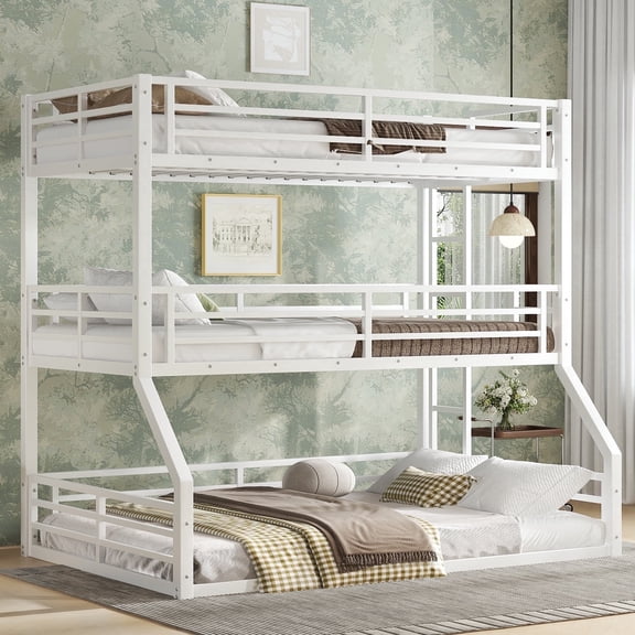 Morufur Twin over Twin over Full Triple Bunk Bed with Built-in Ladder and Safety Guardrail, Metal Bed for Bedroom, White