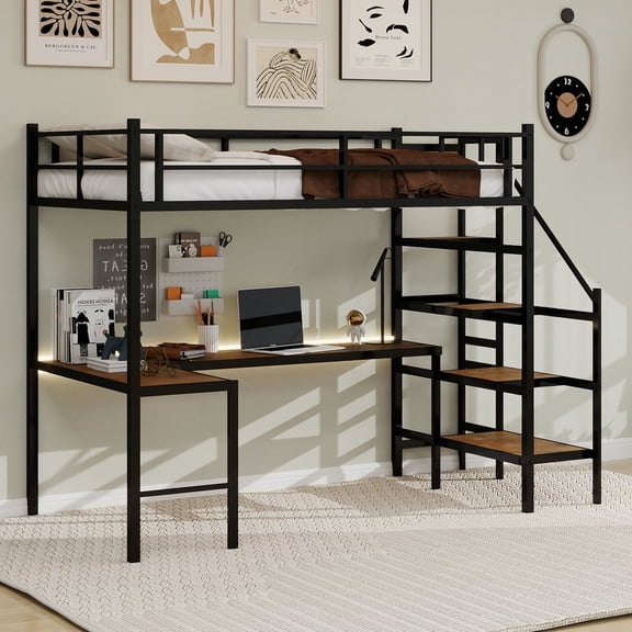 Morufur Twin Loft Bed with L-shaped Desk and Storage Space for Bedroom, Heavy Duty Metal Bed with Stairs, Continuous Belt Railing, No Spring Box Needed, Black