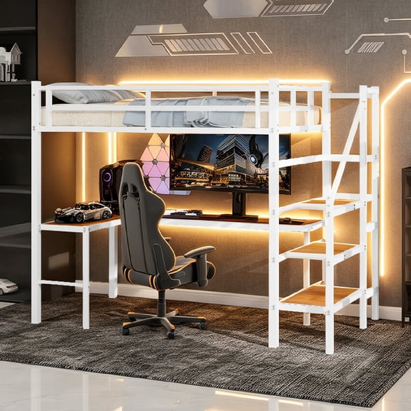 Morufur Twin Loft Bed with L-shaped Desk and Storage Space for Bedroom, Heavy Duty Metal Bed with Stairs, Continuous Belt Railing, No Spring Box Needed, White