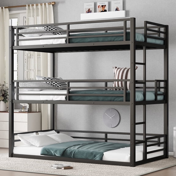 Morufur Twin over Twin over Twin Triple Bunk Bed, Heavy Duty Metal Bunk beds with Built-in Ladder and Safety Guardrail for Teens and Adults, Black