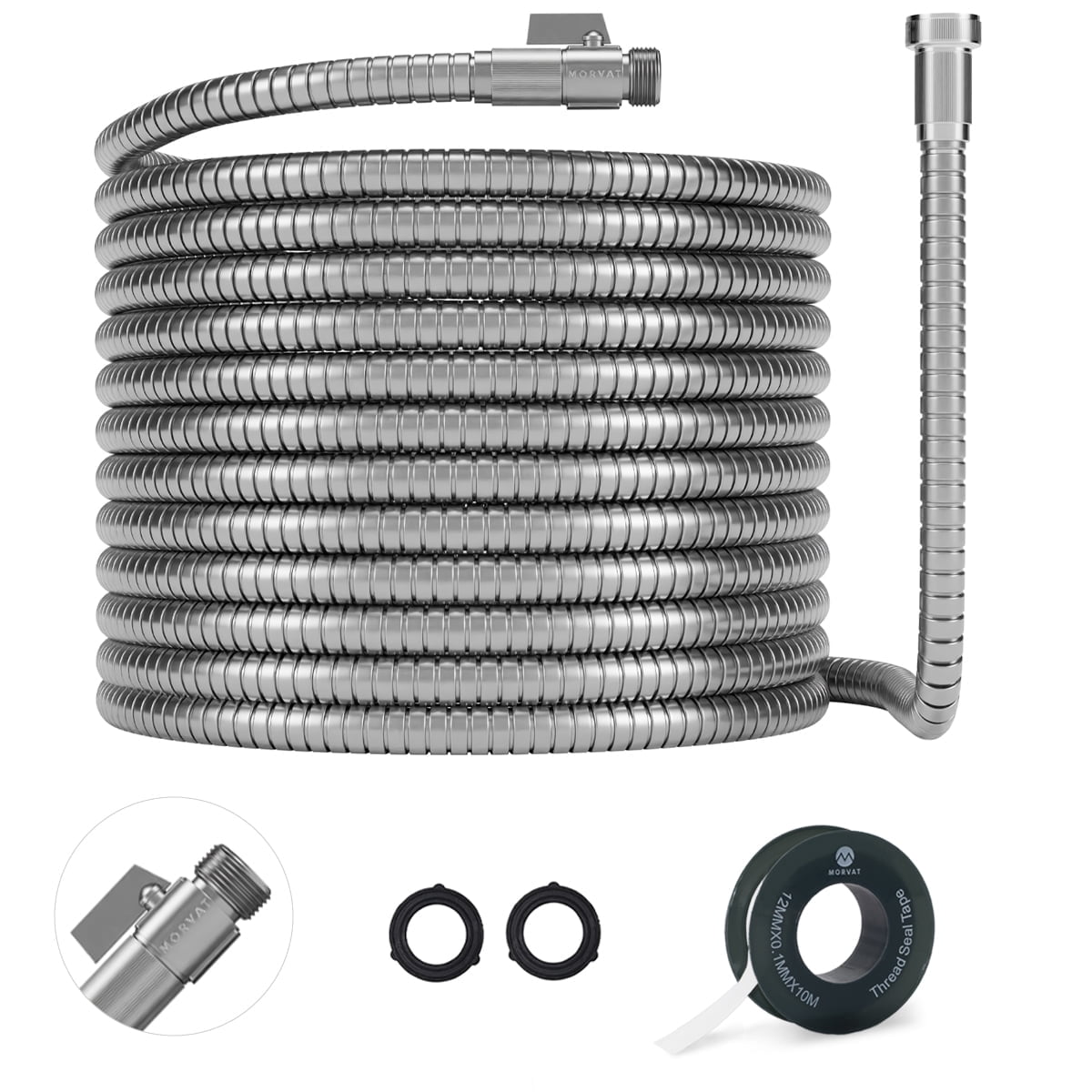 Morvat 1/2" x 100FT Premium Silver Stainless Steel Garden Hose with on/off Valve