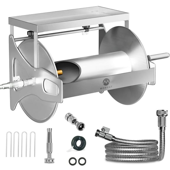 Morvat 150FT Stainless Steel Garden Hose Reel with Accessories