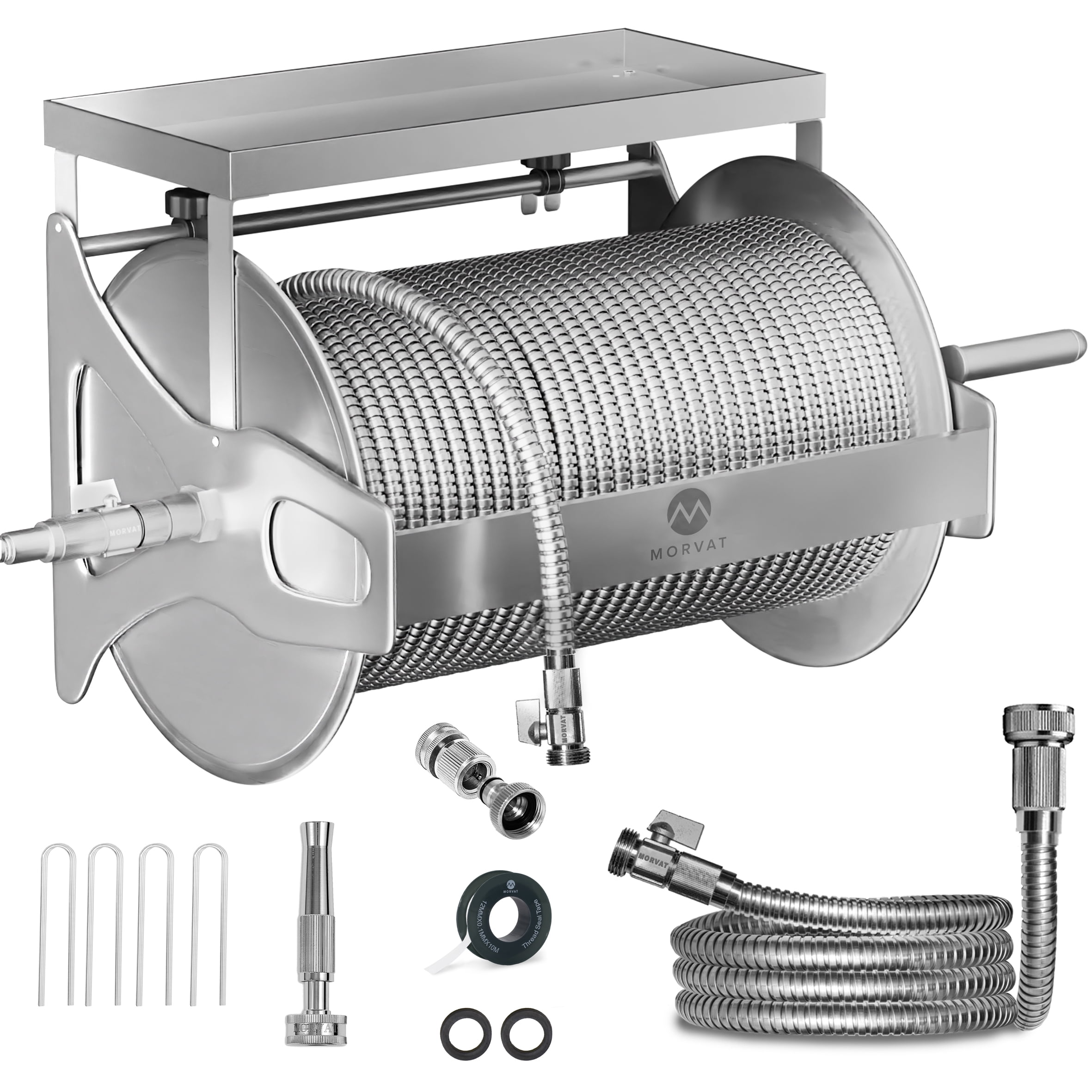 Heavy-Duty Stainless Steel Wall-Mount Hose Reel with 100FT Hose