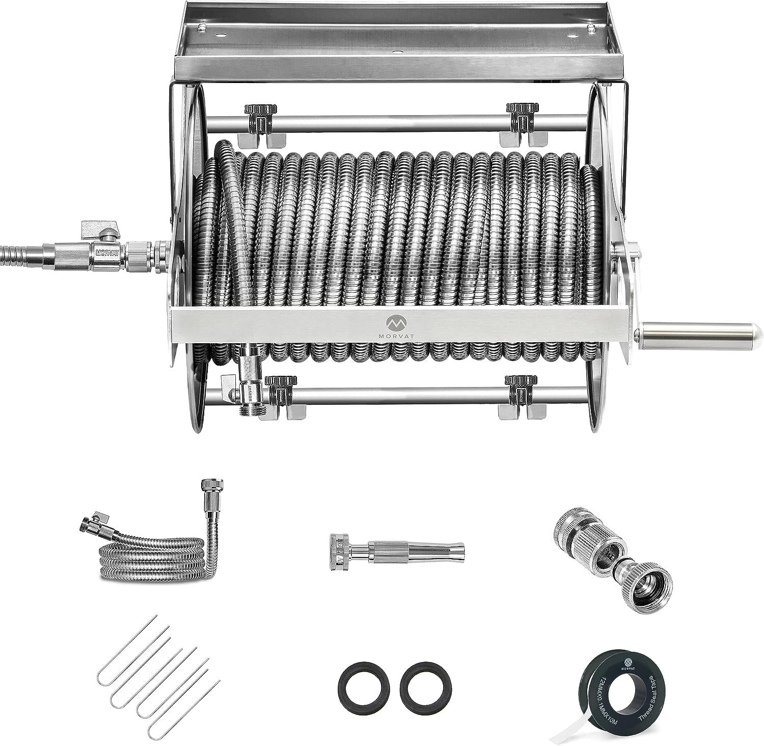 Morvat 150FT Stainless Steel Lawn Garden Hose Reel with Accessories