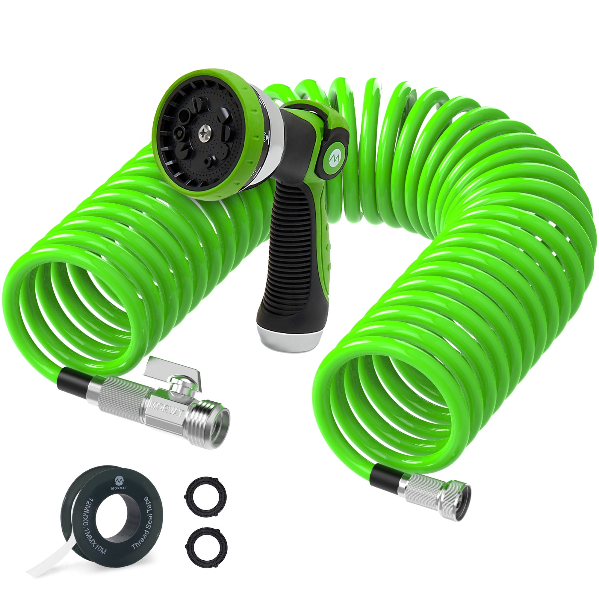 Morvat 25FT Green PU Recoil Garden Hose with on/off Valve & 10-Way Spray Nozzle