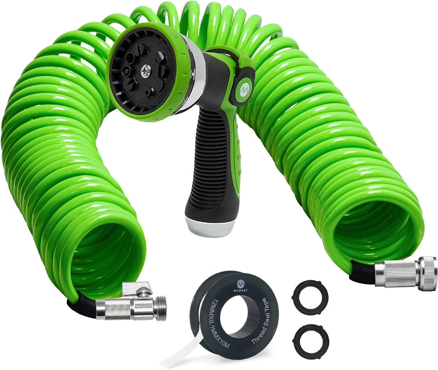 Morvat 50FT Green PU Recoil Garden Hose with on/off Valve & 10Way