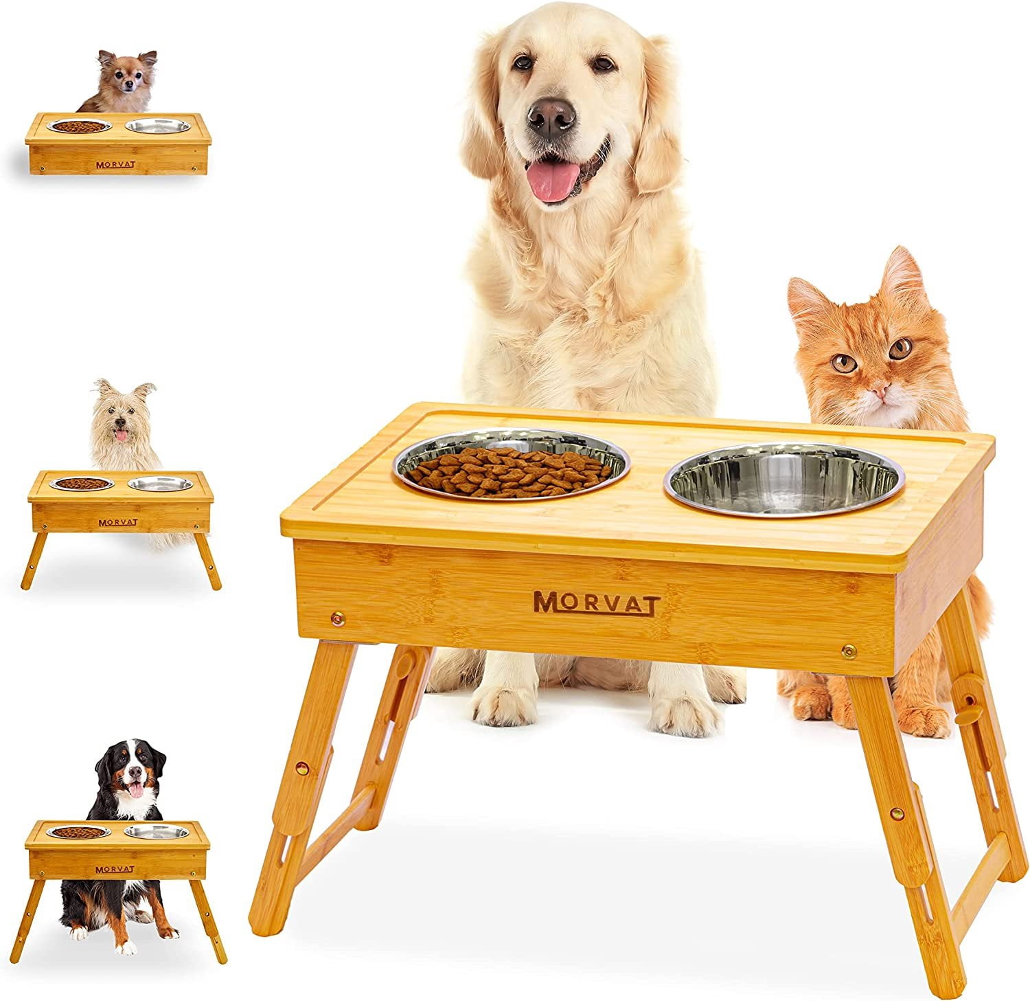 Morvat Bamboo Adjustable Height Double Dog & Cat Pet Feeder & 4 Metal Dish Bowls