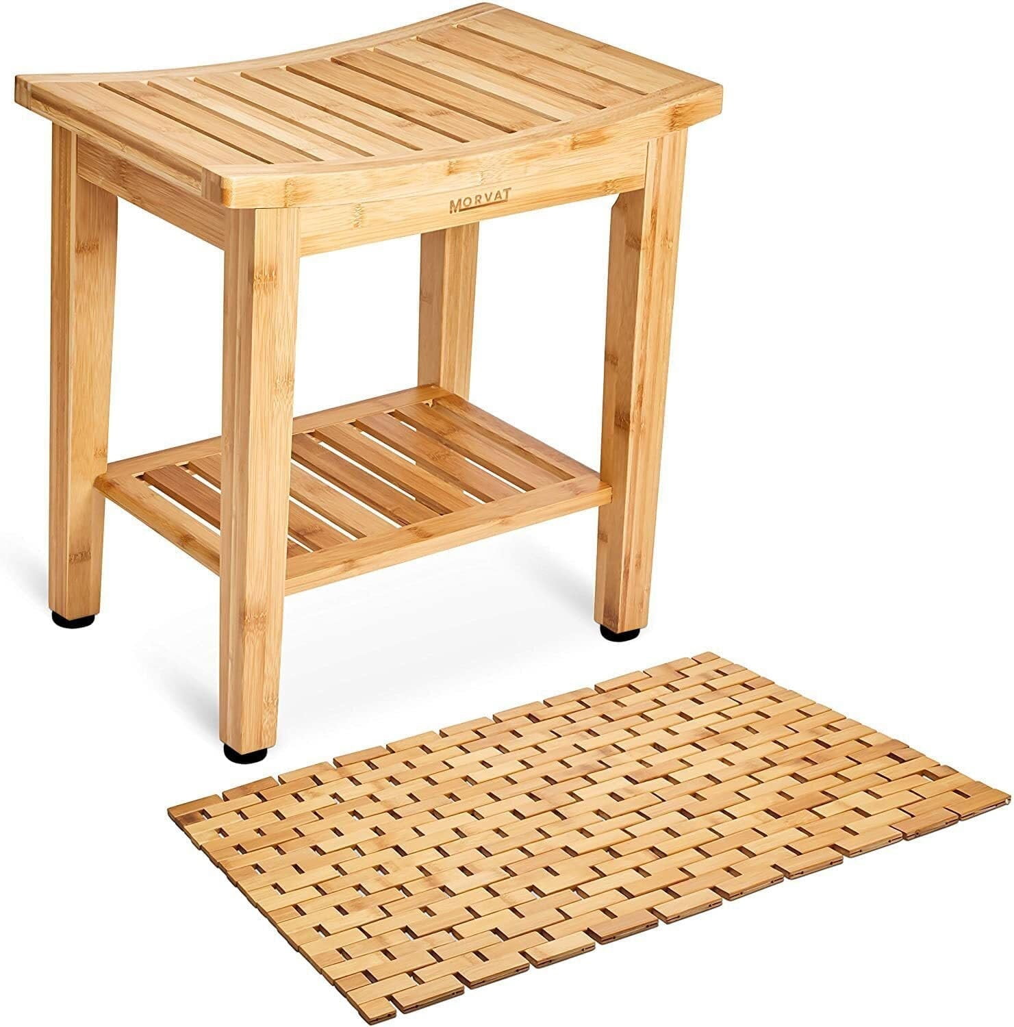 Morvat Bamboo Adjustable Water Resistant Shower Stool Chair Bench & Mat ...