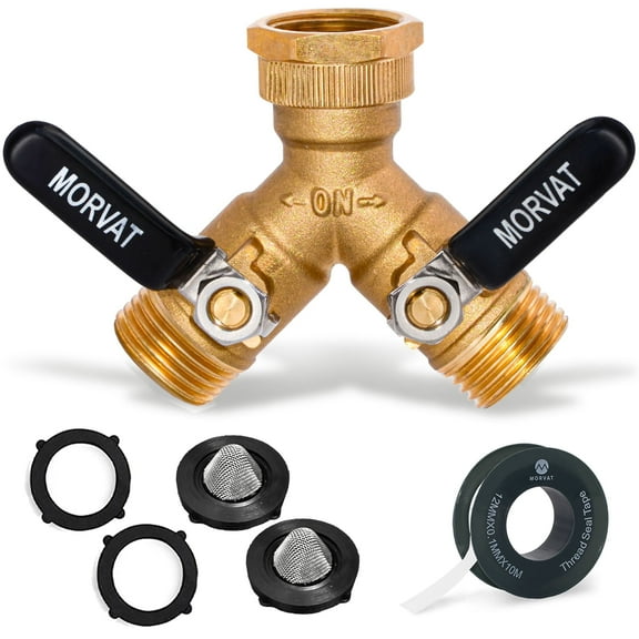 Morvat Brass Garden Hose Splitter, Heavy-Duty 2-Way Hose Connector Fitting with Extended Metal and Rubber Handles