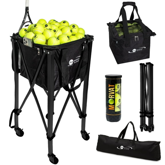 Morvat Heavy-Duty Black 165 Tennis Ball Cart with Bag, 3 Balls & Carry Bag
