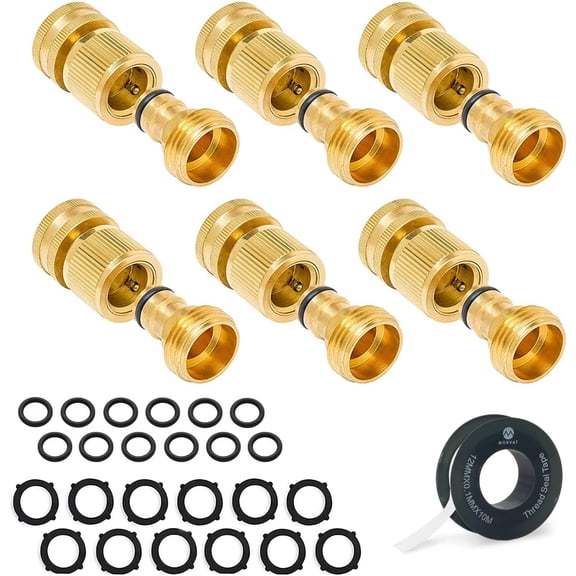 Morvat Hose Quick Connecter Solid Brass Leak Proof 3/4 Inch GHT Thread Fitting, Water Garden Female Quick Connecter & Male Product Adapter Heavy-Duty Rust Proof Includes Teflon Tape & Washers, 6-Sets