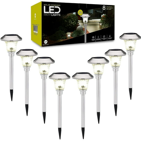 Morvat LED Stainless Steel & Glass Yard Pathway Solar Light, Amber Light, 8 Pack