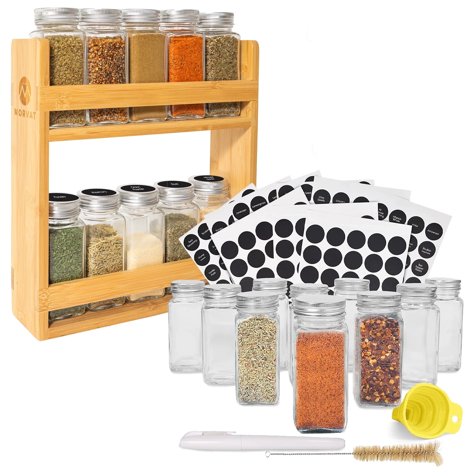 Morvat Premium Bamboo Wooden Spice Jar Organizer Rack with 10 Glass ...