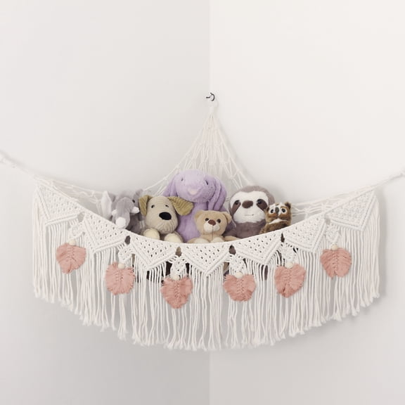 Morxy Stuffed Animal Net or Hammock - Boho Macrame Toy Hammock for Stuffed Animals - Strong Hand Woven Stuffed Animal Hammock - Easy to Install Toy Net Hammock for Stuffed Animals -Large Pink