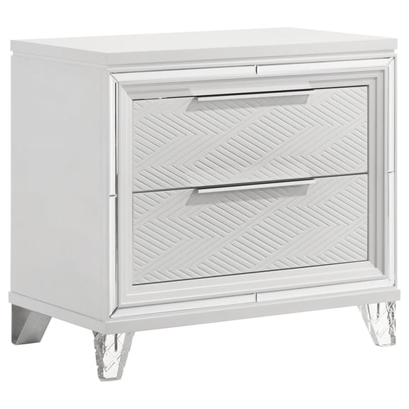 Mory Nightstand, 2 Drawers, Embossed Herringbone Pattern White, Chrome