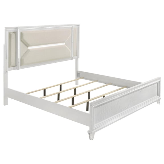 Mory Queen Size Bed, Textured, LED Headboard, Ivory Boucle Upholstery