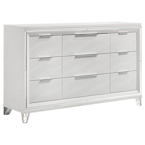 Benjara Mory Wide Dresser, 9 Drawers, Embossed Herringbone Pattern, White