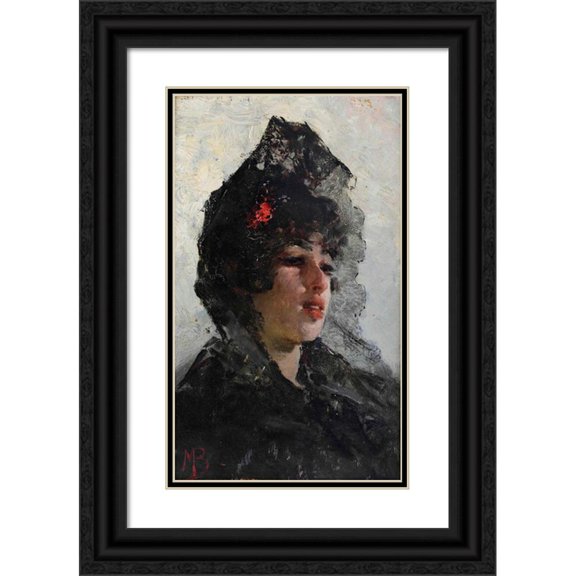 Mosè Bianchi 16x24 Black Ornate Framed Double Matted Museum Art Print Titled: Portrait of a Young Woman