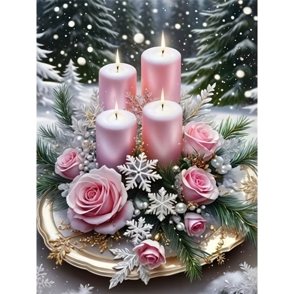Mosaflare Pink Christmas Candle Diamond Painting Kit, 12×16 Inch Full Drill Diamond Art, Winter Floral Roses DIY Craft for Adults
