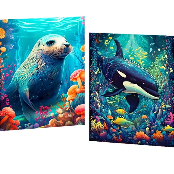 Mosaflare Seals and Orcas Diamond Art Painting Kits,2-Pack Art Craft Kits,Full Round Drill,Home Wall and Relaxing 12"16"