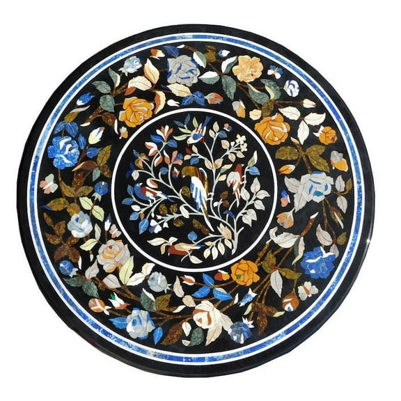 Mosaic Art Black Marble Center Table - Pietra Dura Table Top with Inlay for Hallway, Console, and Patio