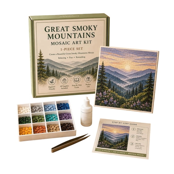 Mosaic Art Kit for Adults with Wooden Frame,Relaxing Craft Supplies & Materials for Relaxation,Great Smoky Mountains & Sunset Scenery,1 Set