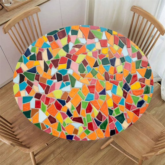 Mosaic Background Round Table Cloth Waterproof Print Elastic Edge Table Protector for Kitchen Dining Room Indoor Outdoor