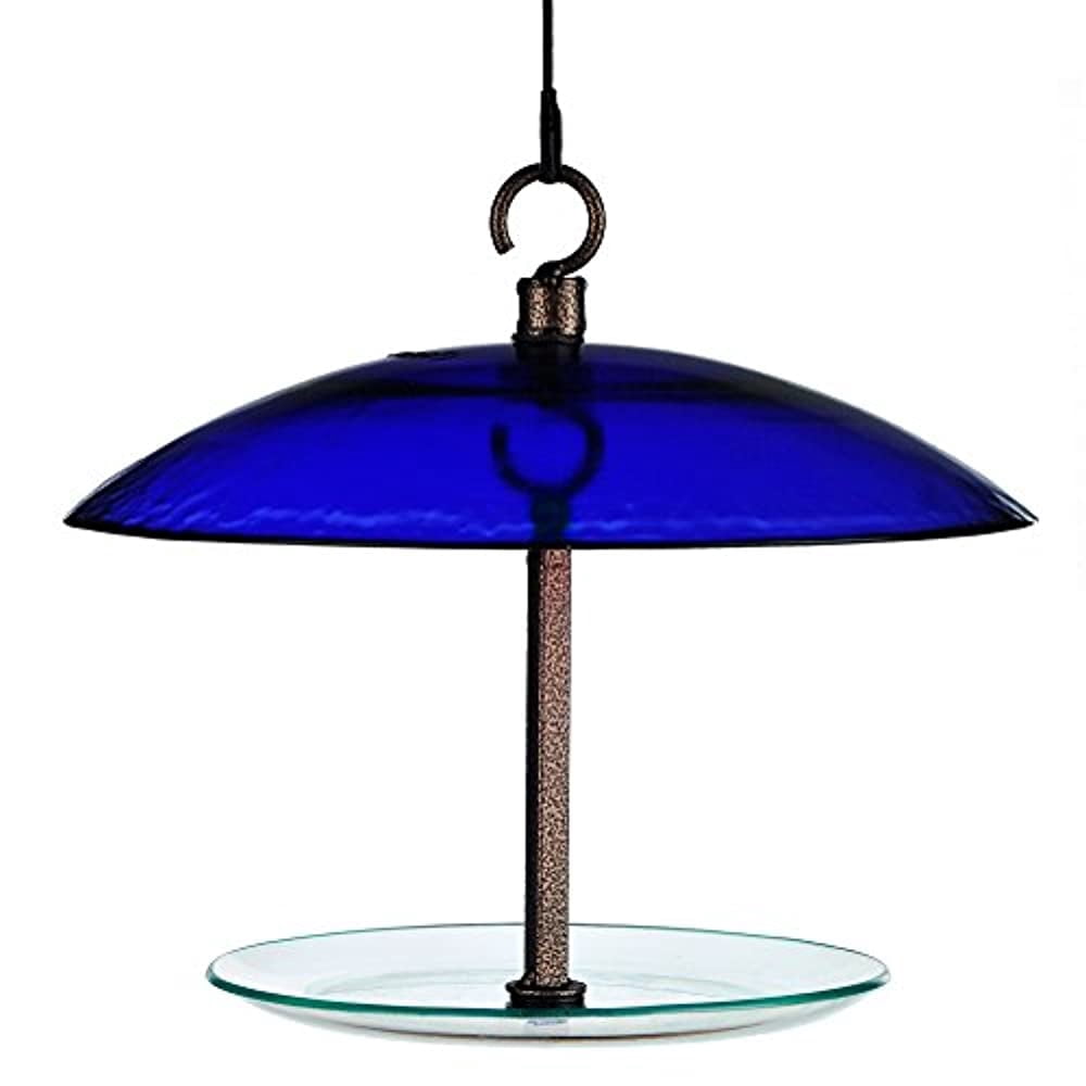 Mosaic Birds 360 Degree Petite Seed Cylinder Bird Feeder, Hanging Glass Dome Feeder for Outdoors, Cobalt Blue, 11 Inch