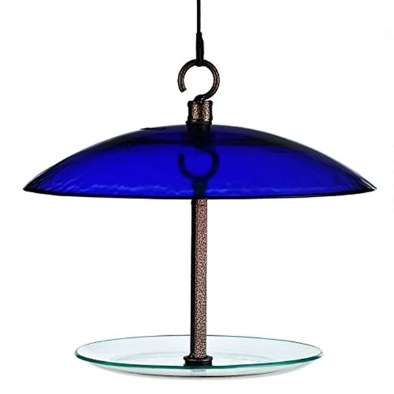 Mosaic Birds 360 Degree Petite Seed Cylinder Bird Feeder, Hanging Glass Dome Feeder for Outdoors, Cobalt Blue, 11 Inch