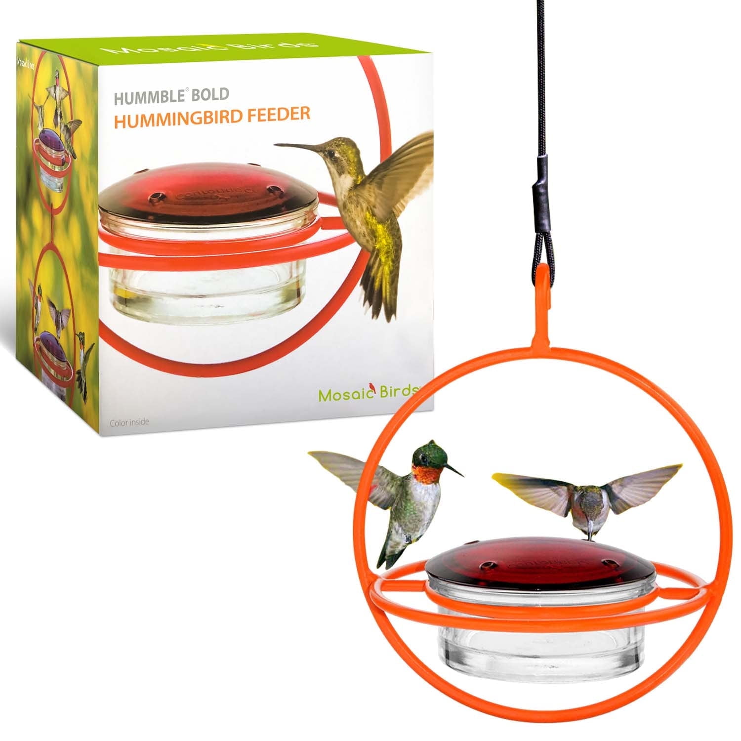 Mosaic Birds Recycled Glass and Metal Hummingbird Feeder for Outdoors - Hanging Bird Decor for Gardens - Orange