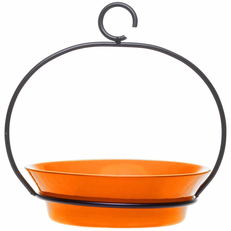 Mosaic Birds Recycled Glass & Metal Cuban Hanging Bird Bath Bowl - Bird Feeders for Outdoors - Lawn Décor - Sunset Orange